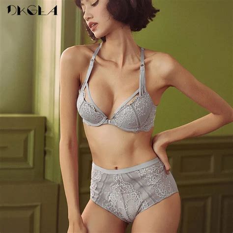 New Front Closure Bra Panties Sets Embroidery Gray Lace Lingerie Set Women Brassiere Thick Deep