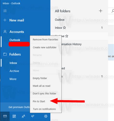 Pin Email Folder To Start Menu In Windows 10