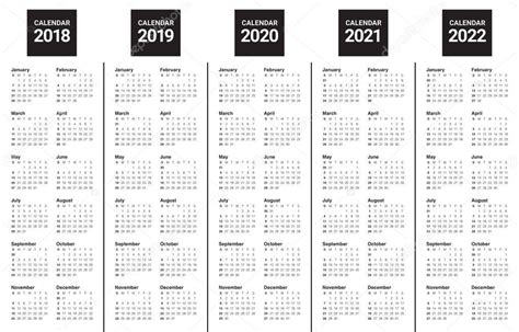 Year 2018 2019 2020 2021 2022 Calendar Vector — Stock Vector