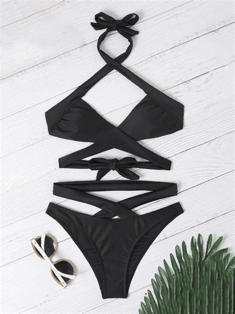 Emmiol Free Shipping 2024 Black Criss Cross Bandage Bikini Set Black S