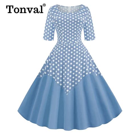 Tonval Two Tone Cotton Half Sleeve A Line Midi Polka Dot Vintage Dress