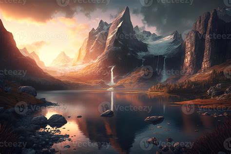 Fantasy Art Of Mountain Valley With Lake Perfect Spring Sunset