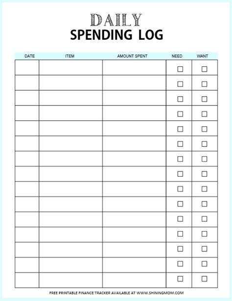 Free Printable Daily Spending Log