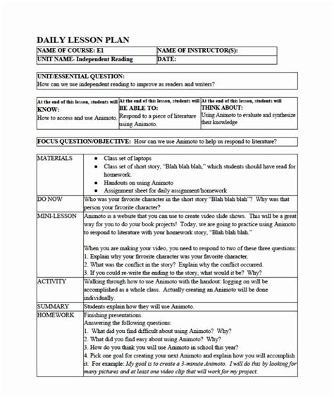 Lesson Plan Template For College Instructors New Lesson Plan Sample