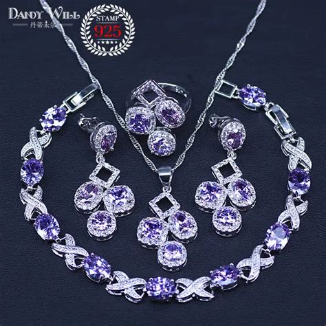 Natural 925 Silver Jewelry Purple Cubic Zirconia White Crystal Jewelry