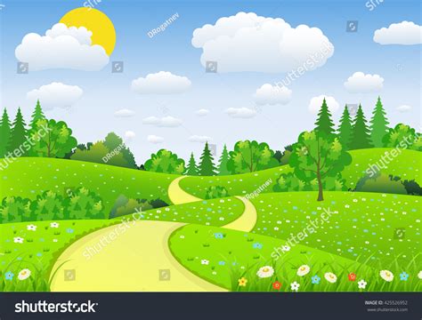 Summer Landscape With Meadows And Flowers Road And Forest Nature