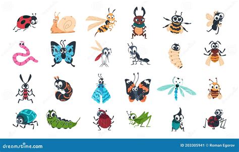 Cartoon Funny Insects Colorful Cute Bugs Characters Set With Smiling