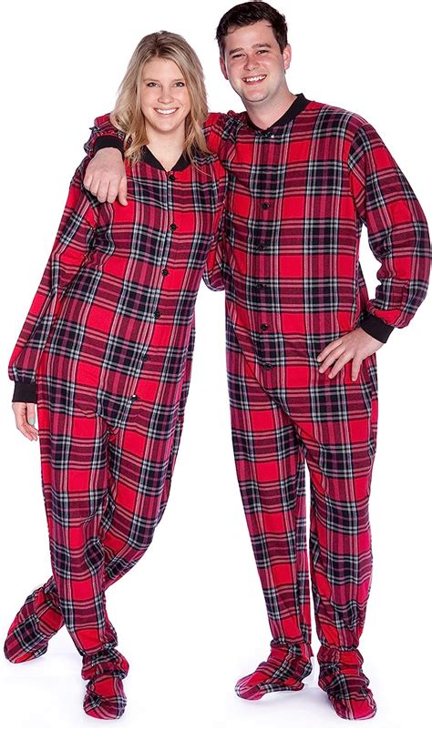 Big Feet Pajama Co Red Plaid Cotton Flannel Adult Footed Pajamas W