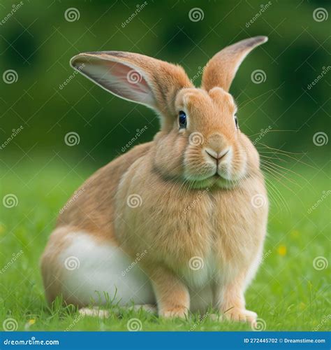 Sedate Easter Palomino Rabbit Portrait Full Body Sitting In Green Field