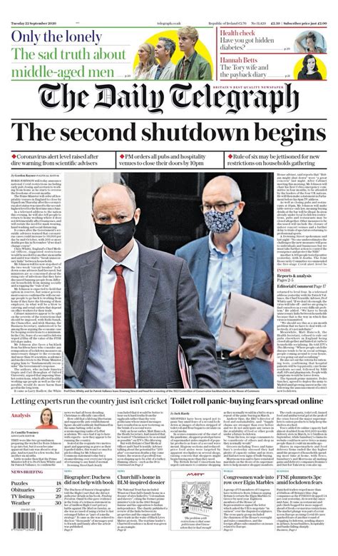 Daily Telegraph Front Page 22nd Of September 2020 Tomorrows Papers