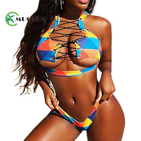 Muolux 2019 New African Print Sexy Thong Bikini Lace Up Halter Cross