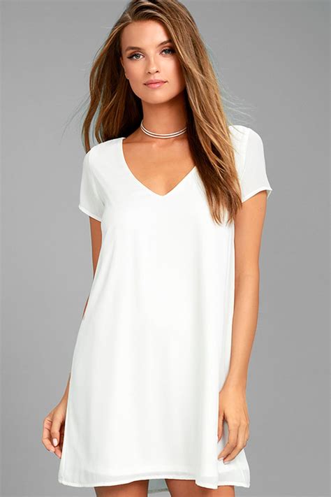 Chic Short Sleeve White Dress V Neck Dress T Shirt Dress Grey Shirt