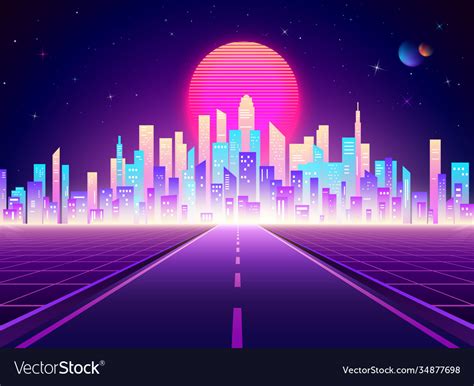 Neon Retro City Landscape Highway To Cyberpunk Vector Image