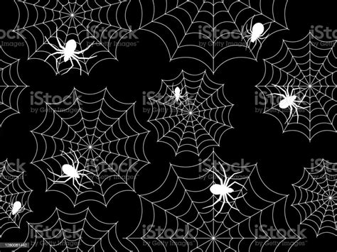 Spiders And Cobweb Seamless Patren White Outlines On A Black Background