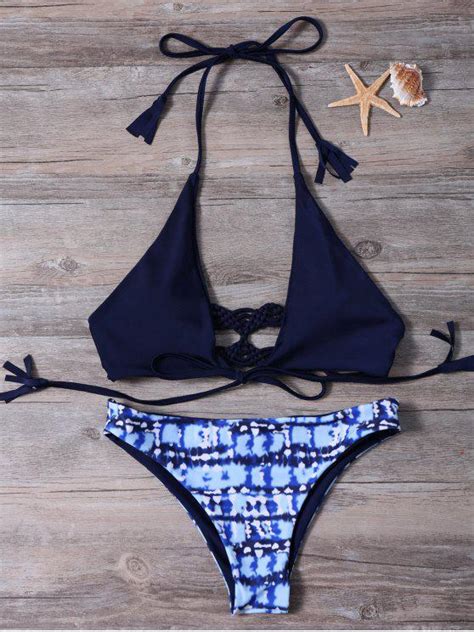 [18 off] 2021 strappy low cut halter braid bikini set in purplish blue zaful