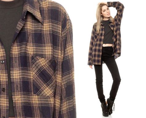 Checkered Shirt 90s Flannel Grunge Oversized Brown Black Tan Plaid Long