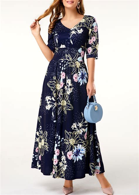 V Neck Flower Print Half Sleeve Maxi Dress Usd 34 79 Maxi Dress Fashion