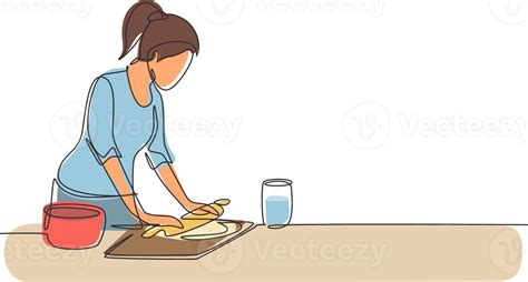 Single One Line Drawing Young Woman Making Cookie Dough Using Rolling