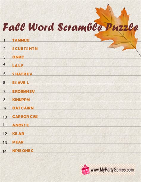 Free Printable Fall Word Scramble Puzzle