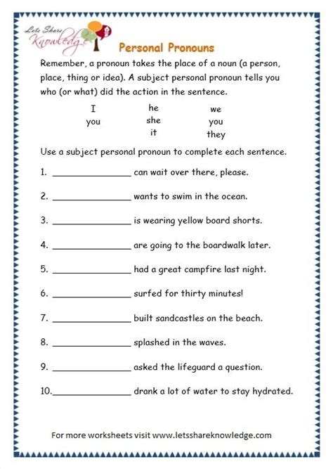 Grade 3 Grammar Topic 10: Personal Pronouns Worksheets - Lets Share