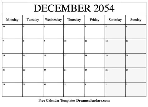 December 2054 Calendar Free Blank Printable With Holidays