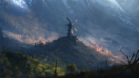 Digital Art Fantasy Art Nature Artwork Valley Windmill Trees