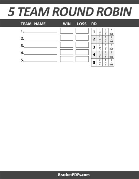 5 Team Round Robin Printable Schedule