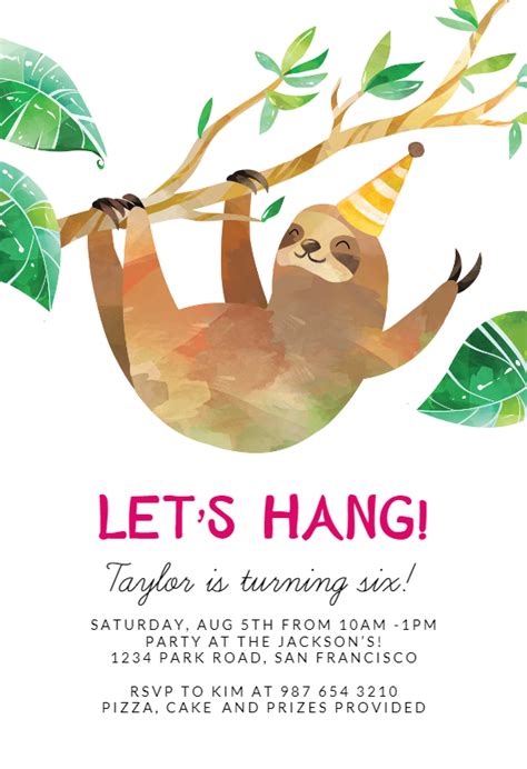 Free Printable Sloth Birthday Invitations
