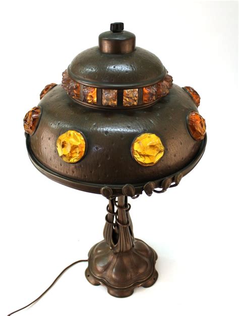 Austrian Art Nouveau Cast Bronze And Brass Table Lamp With Chunk Glass