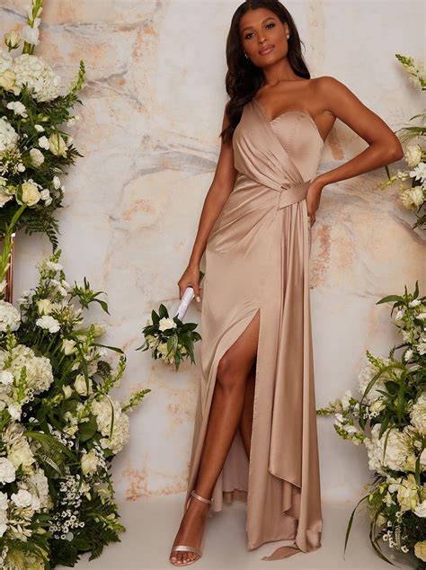 One Shoulder Satin Finish Maxi Bridesmaids Dress In Champagne Neutral