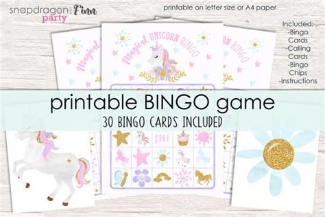 Unicorn Bingo Printable Party Game 30 Bingo Cards Unicorn Etsy