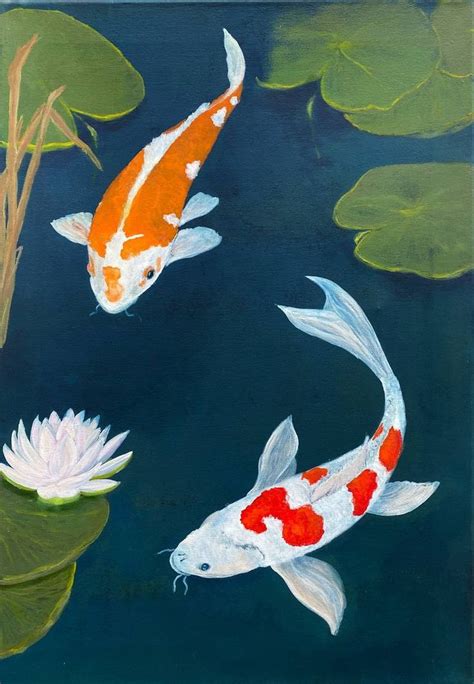 Two Orange And White Koi Fish In A Pond With Lily Pad Water Lilies