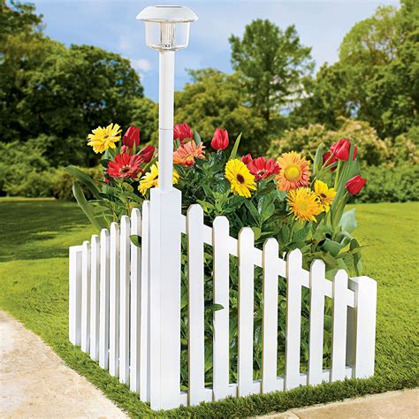 White Wood Corner Fence With Solar Powered Light Fence Landscaping
