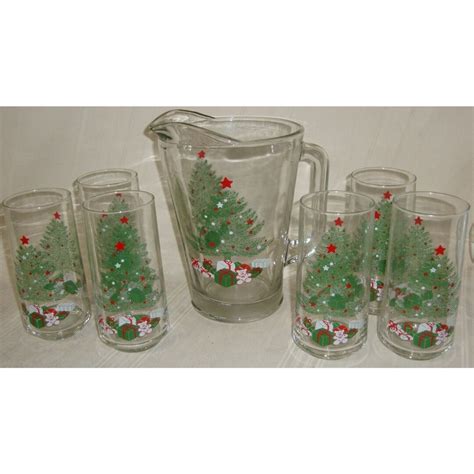 crisa holiday 7 piece beverage set 6 glass tumblers and 1 pitcher 7505 no box etsy