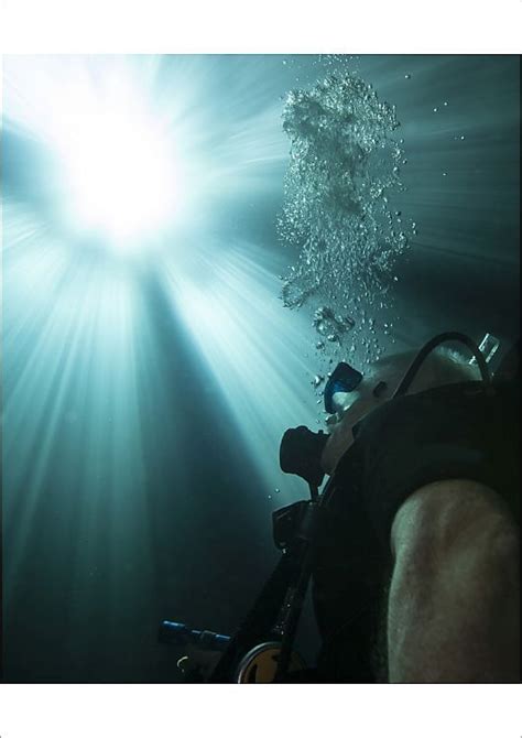 Print Of A Scuba Diver Surfacing And Looking Up Into The Light Scuba