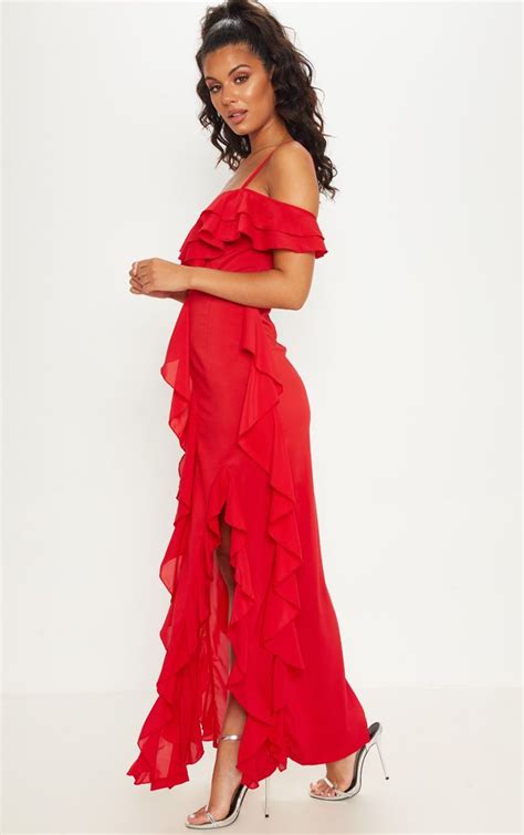 red cold shoulder ruffle detail maxi dress red dress maxi salsa dress red salsa dress