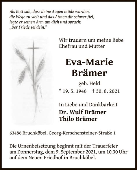 Traueranzeigen Von Eva Marie Brämer Trauerop Onlinede