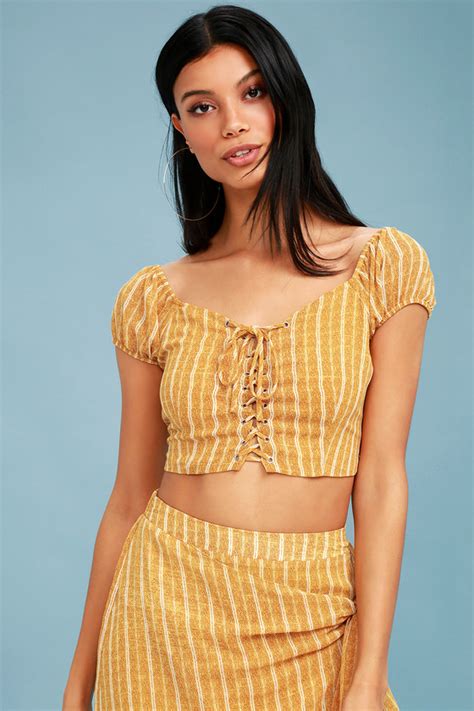 Cute Mustard Yellow Top Striped Crop Top Lace Up Top Lulus