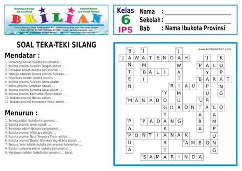 Soal Teka-Teki Silang ( TTS ) Kelas 6 SD Tentang Nama Ibukota Provinsi di Indonesia - Bimbel Brilian