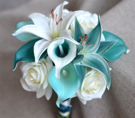 Teal Wedding Bouquets Real Touch Flowers Calla Lily Ivory Etsy
