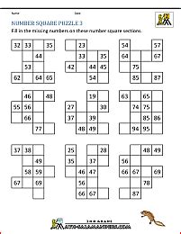 Use what you know about how numbers can be shown on a hundred chart to help you fill in the blanks on the chart below. Number Square Puzzles