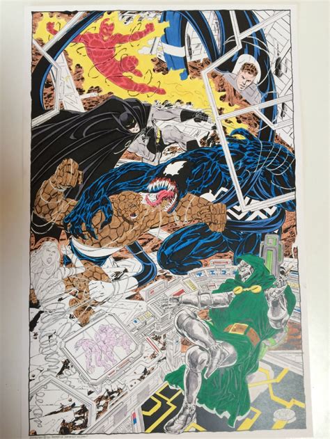 John Byrne Fantastic Four Vs Dr Doom And Venom Commission Hand Colored Print In The