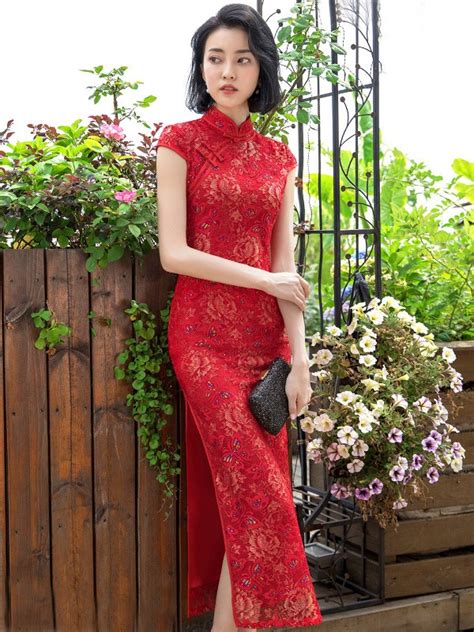 Red Lace Long Qipao Cheongsam Party Dress With Sequined Butterfly