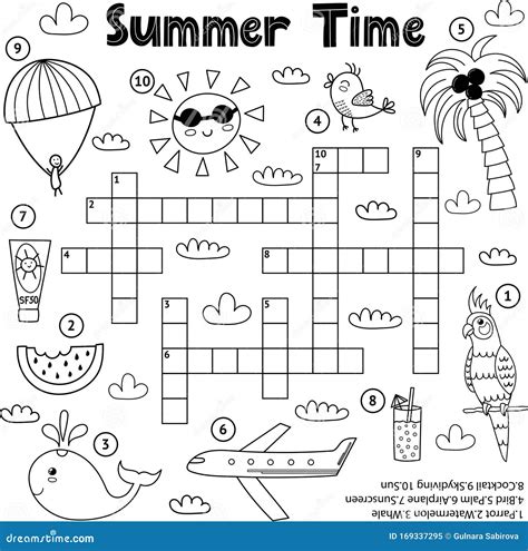 Summer Time Black and White Crossword Game Stock Vector - Illustration