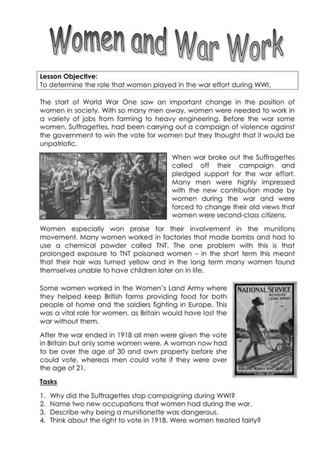 Women And The First World War Worksheet Ks3 Lesson Resource