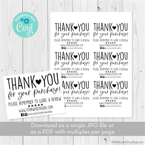 Editable Printable Thank You For Your Purchase Template Small Etsy