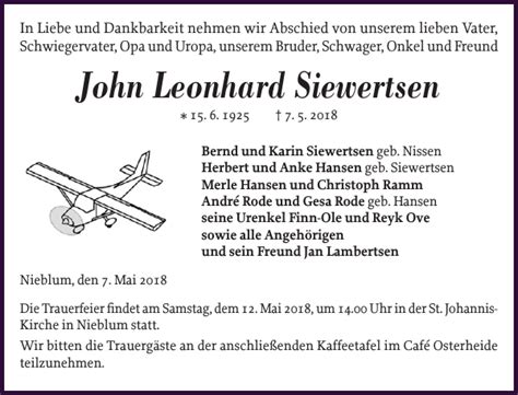 Ihr vater morty hatte einige wenige gastauftritte als frans onkel stanley rosenberg, auch waren beide in einer abschlussszene zu sehen, wie sie im fernsehen über restaurants reden. John Leonhard Siewertsen : Traueranzeige : Der Insel-Bote