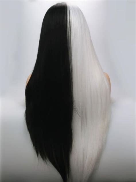 Halloween Half White Half Black Long Straight Lace Front Wig