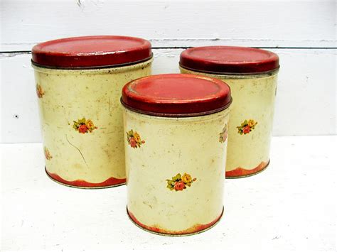 Vintage Tin Canister Set Red Retro Canisters Red Tin Canister Set