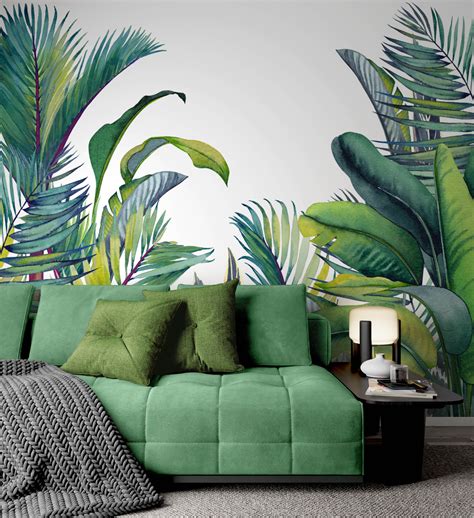 Tropical Banana Palm Trees Banana Leaves Floral Wallpaper Self Etsy
